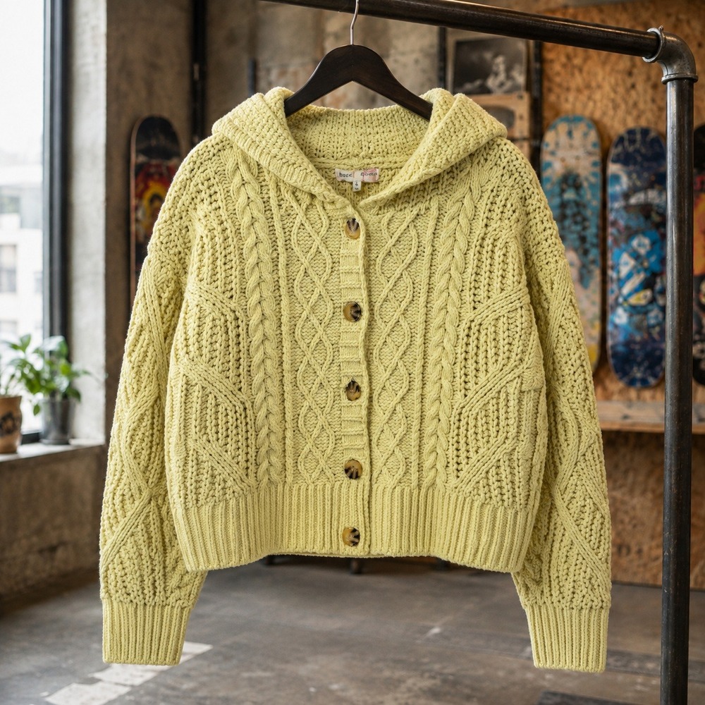 Hazel Moon Yellow Cable Knit Hooded Button Up Cardigan Sweater Small